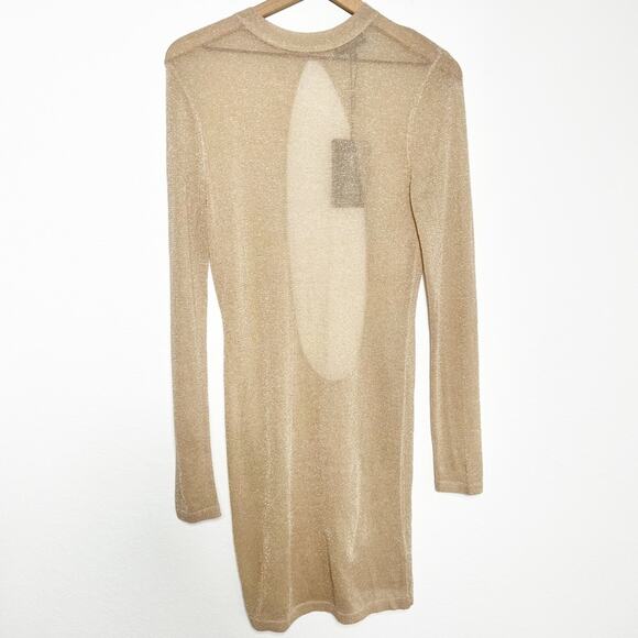 PRETTY LITTLE THING GOLD METALLIC SHEER KNIT CUT OUT BACK DRESS SIZE MEDIUM - Picture 2 of 7